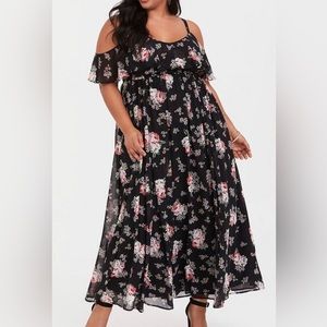 Torrid Black Floral Cold Shoulder Chiffon Maxi Dress